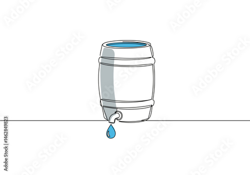 Continuous one-line vector illustration of a rain barrel dripping water, symbolizing water conservation, sustainability, and eco-friendly practices in everyday life