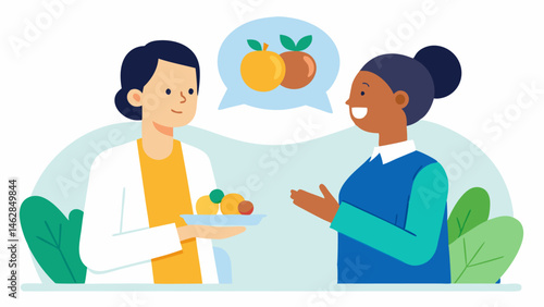 Healthy Lifestyle Advice An illustration of the counselor holding a plate of healthy food options discussing how lifestyle changes can impact genetic predispositions while the
