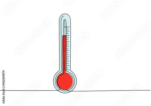 Continuous one-line vector illustration of a red thermometer symbolizing global warming, climate crisis, and rising temperatures in a minimalistic style