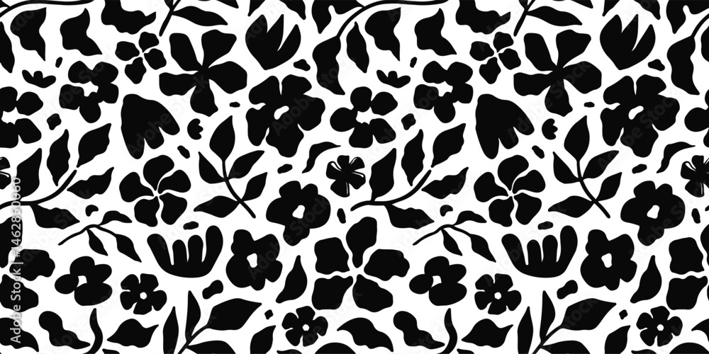 Seamless floral pattern with black silhouette flowers and leaves on a white background. Elegant botanical design for fabric, wallpaper, packaging, and modern creative projects. Vector illustration