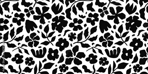 Obraz na płótnie Seamless floral pattern with black silhouette flowers and leaves on a white background. Elegant botanical design for fabric, wallpaper, packaging, and modern creative projects. Vector illustration w salonie