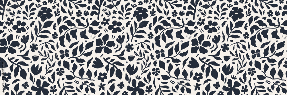 Seamless floral pattern with hand drawn black silhouettes of flowers and leaves on a white background. Modern botanical design for fabric, wallpaper, packaging, and textile decoration