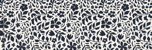 Obraz na płótnie Seamless floral pattern with hand drawn black silhouettes of flowers and leaves on a white background. Modern botanical design for fabric, wallpaper, packaging, and textile decoration w salonie
