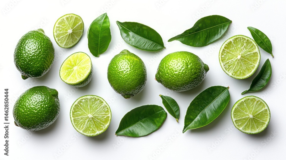 Fresh limes and leaves arranged on white background. (2) Fresh limes and leaves arranged on white background. (2)