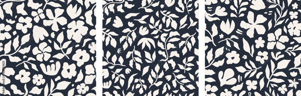 Seamless floral pattern set with hand drawn black flowers and leaves on a white background. Modern botanical design, perfect for textiles, wallpaper, packaging, stationery, and trendy digital projects