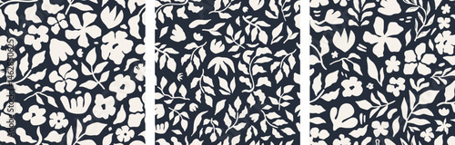 Obraz na płótnie Seamless floral pattern set with hand drawn black flowers and leaves on a white background. Modern botanical design, perfect for textiles, wallpaper, packaging, stationery, and trendy digital projects w salonie