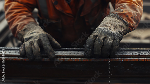 Worker Handling Rusty Metal Beam
