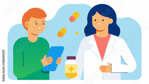 Nutritional Support An illustration of a consultation about skincare supplements featuring colorful vitamins and a practitioner explaining their benefits to a patient.