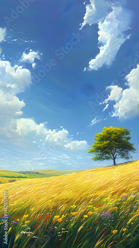 Endless Horizons: A Serene Prairie Landscape Under a Majestic Sky Offering Tranquility and Natural Beauty