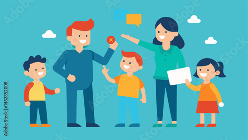 Family Unity A family unit working together to capture the best deals with children excitedly pointing out items and parents negotiating what to buy.