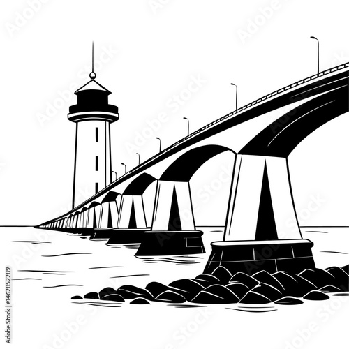 Confederation Bridge is one of the most famous bridges in Canada, black and white, white background, vector Silhouette