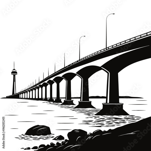 Confederation Bridge is one of the most famous bridges in Canada, black and white, white background, vector Silhouette