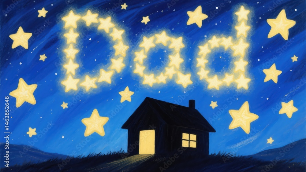 Fototapeta premium A cozy home under a starry sky with the word Dad written in stars creating a heart-warming Father's Day illustration, a child-like painting style 8K