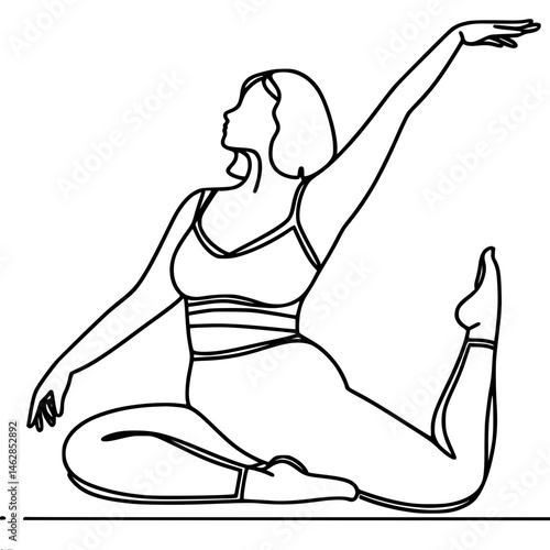 Elegant middle aged woman practicing yoga pose in minimalistic line art, vector one line outline