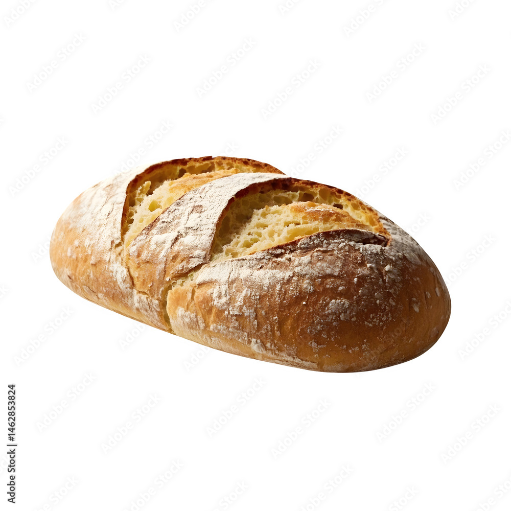 Rustic French Ciabatta bread loaf with deep slashes and flour dusting isolated on transparent background Rustic French Ciabatta bread loaf with deep slashes and flour dusting isolated on transparent background