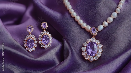 Elegant jewelry rests on a flowing, purple cloth