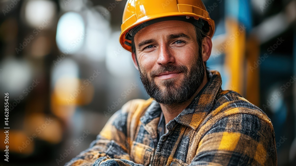 Construction worker smiles in industrial setting Construction worker smiles in industrial setting