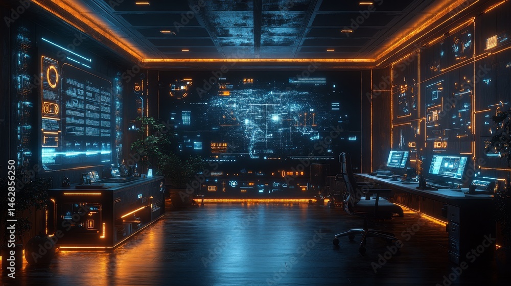 A futuristic office where IoT manages energy efficiency and workflow A futuristic office where IoT manages energy efficiency and workflow