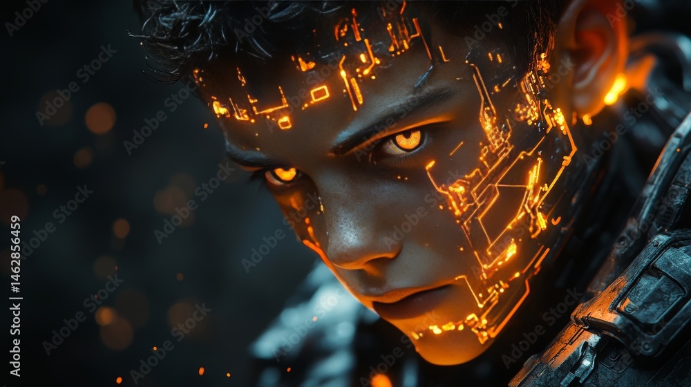 A futuristic robotic boy, glowing circuits in a dark sci-fi setting A futuristic robotic boy, glowing circuits in a dark sci-fi setting