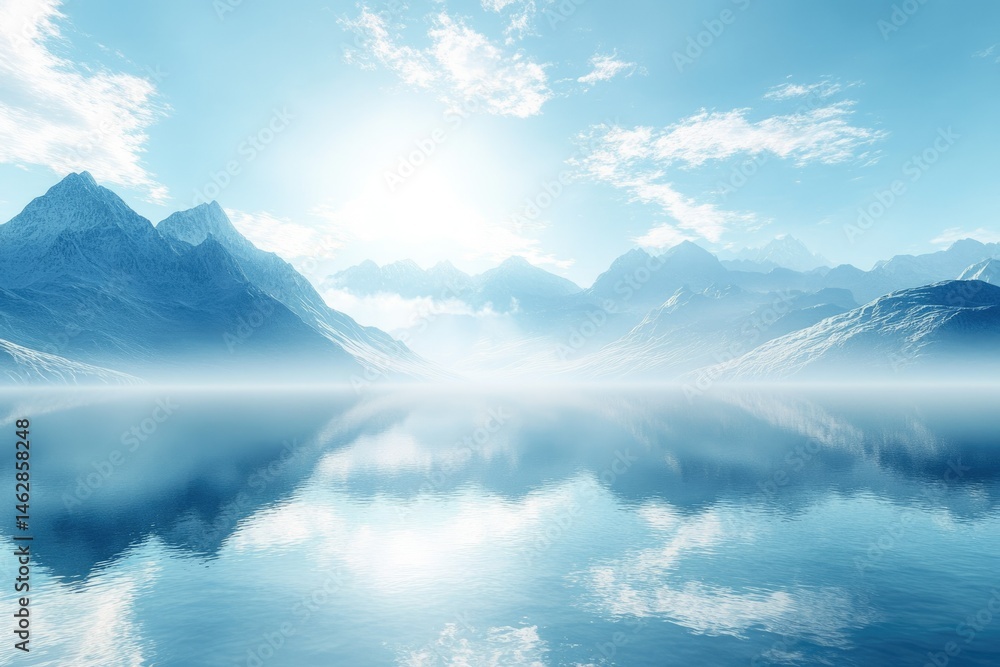 custom made wallpaper toronto digitalSerene landscape of misty mountains reflected in a calm, crystal-clear lake under a bright sky.