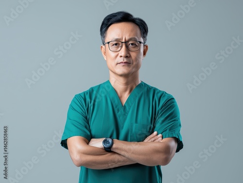 Serious professional in teal scrubs