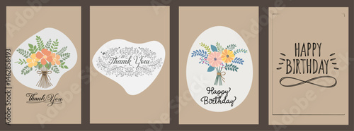 Illustration A collection of beautifully designed greeting cards featuring bouquets and warm wishes on patterned backgrounds.
