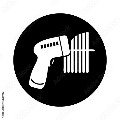 Black circle icon with white thermometer gun and scanning beams