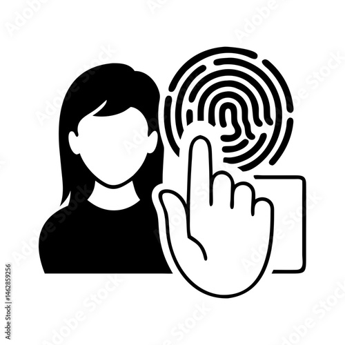 Fingerprint scan and identification process with a woman, authentication and security