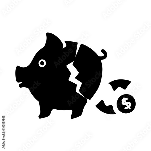Black and white illustration of a broken piggy bank with a dollar