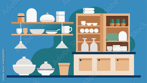 Kitchen featuring open shelving with white dishes and a light wood island