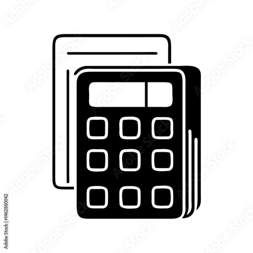 Stylized black and white illustration of an accounting calculator with papers behind it