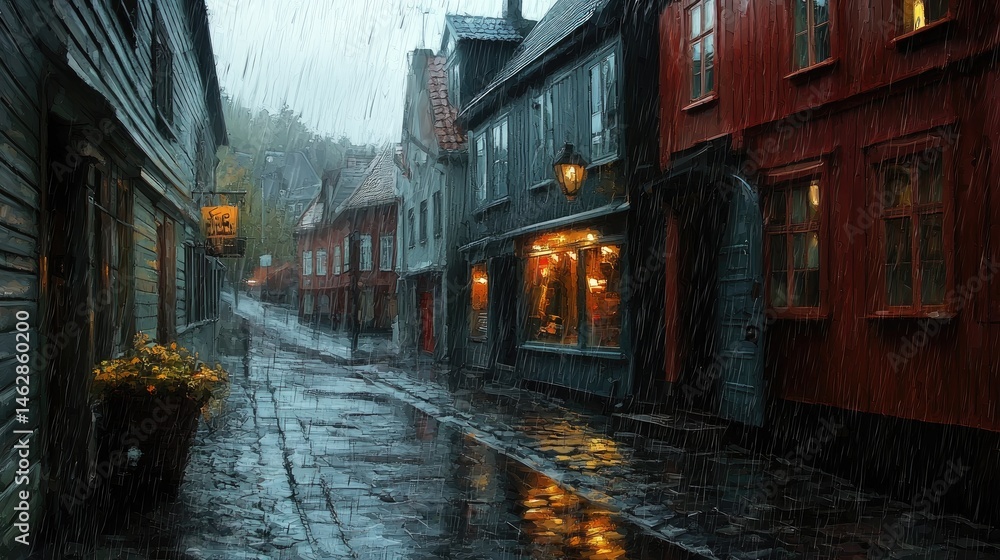 Fototapeta premium A narrow, rainy alleyway, filled with colorful buildings.