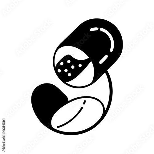 Minimalistic black and white illustration of a capsule and coffee bean