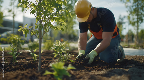 Gardener Planting a Tree in an Urban Setting