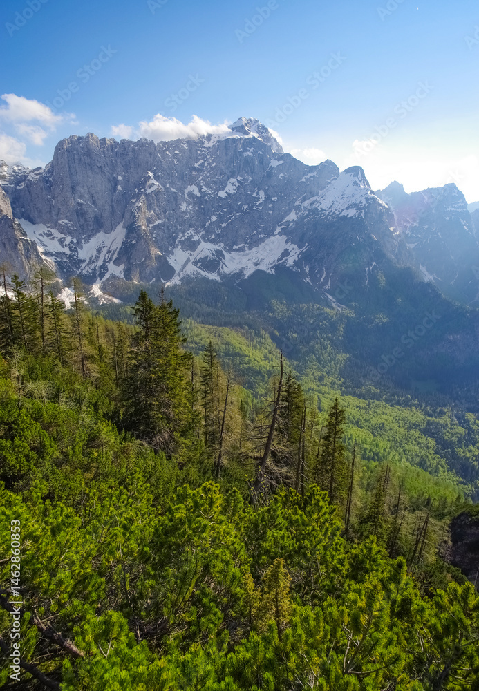 Scenic summer landscape of Mangart mountain (2679m), Triglav National Park, Julian Alps, Europe