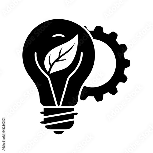 Symbolic representation of green energy with a leaf inside lightbulb next a gear