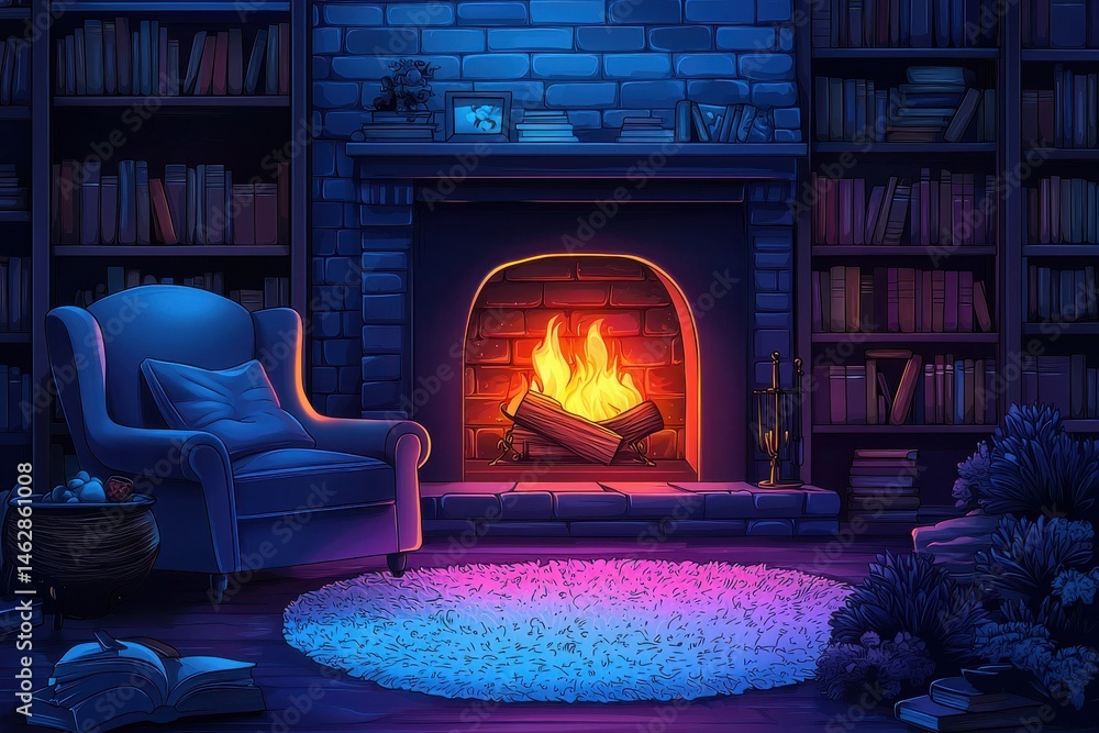 Cozy library with a lit fireplace and comfortable armchair