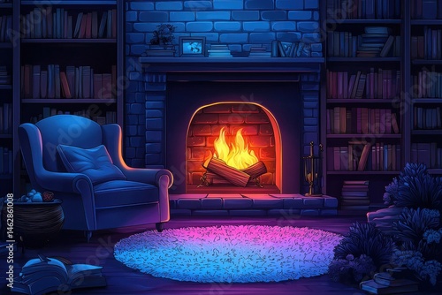 Obraz na płótnie Cozy library with a lit fireplace and comfortable armchair w salonie
