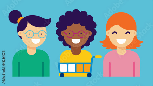 Laughing Together A group of three friends one with curly hair another with glasses and the last with a ponytail share a hearty laugh as they compare items in their shopping carts