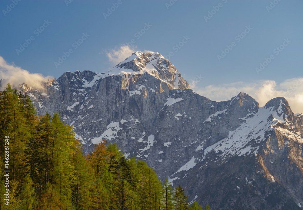 Fototapeta premium Scenic summer landscape of Mangart mountain (2679m), Triglav National Park, Julian Alps, Europe 
