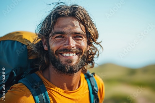 Obraz na płótnie Smiling man with backpack in a scenic mountain adventure w salonie