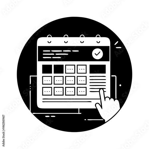 Black and white calendar icon with hand selecting a specific date