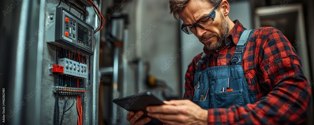 Electrician examining electrical panel using tablet in industrial setting