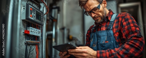 Obraz na płótnie Electrician examining electrical panel using tablet in industrial setting w salonie
