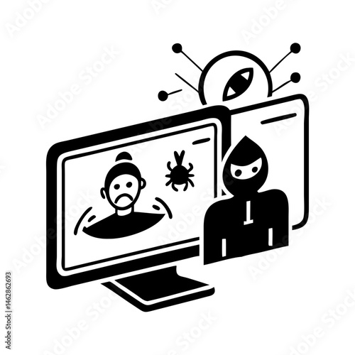 Black and white illustration depicting online fraud and data breach vulnerability