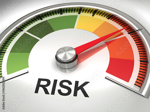 A colorful risk meter with needle pointing to high indicating a critical assessment with a glossy surface.