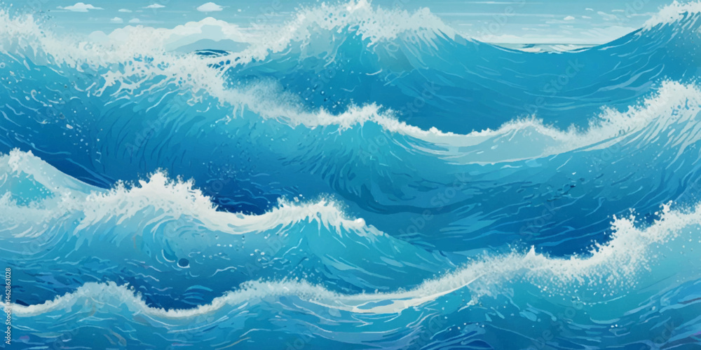 Obraz premium Vector ocean wave line blue and white background. Ocean sea art with natural template. Seamless soft blue ocean pattern wave water background. 