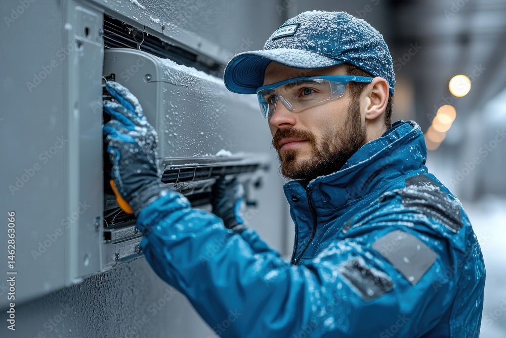 Technician Inspecting Outdoor Equipment During Cold Weather in Winter