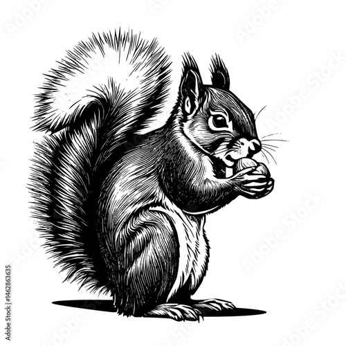 Side profile of squirrel with bushy tail eating a hazelnut