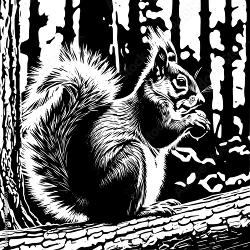 Side profile of squirrel with bushy tail eating a hazelnut